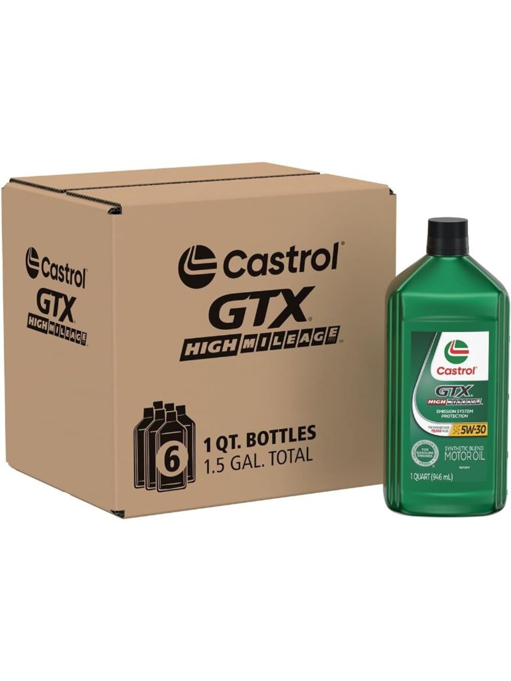 Castrol GTX High Mileage 5W-30 Synthetic Blend Motor Oil, 1 Qt, Pack of 6